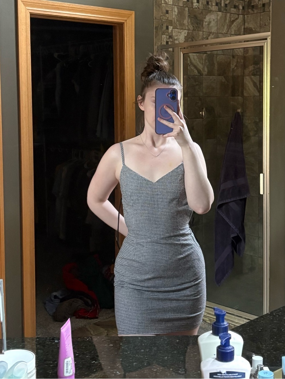 Forever 21 Gray Gingham Bodycon Mini Dress With Open Back